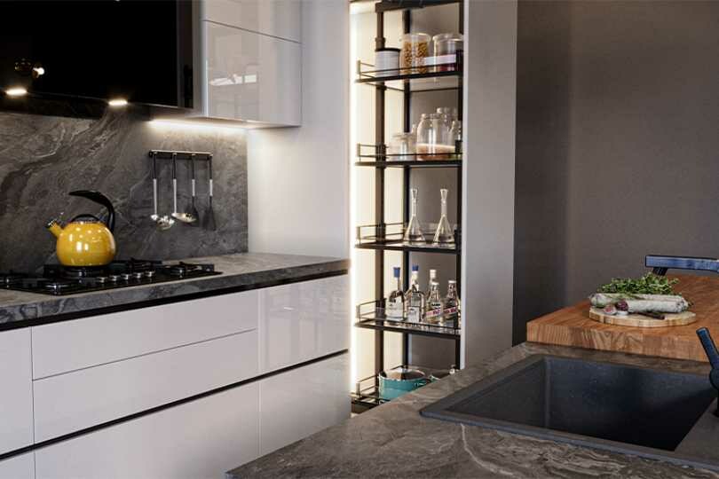 Kutchina Island kitchen with white finish and tall units