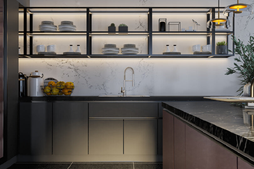 Kutchina U-shaped kitchen with matty grey and dark cherry finish