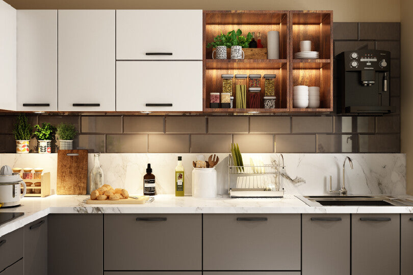 Kutchina L-shaped kitchen with pure white and slate grey finish