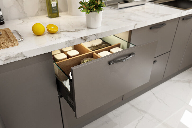 Kutchina L-shaped kitchen with pure white and slate grey finish