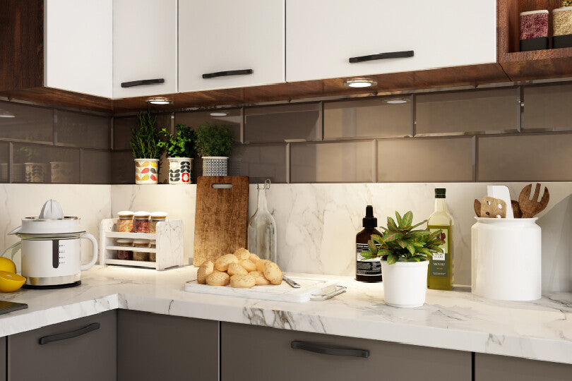 Kutchina L-shaped kitchen with pure white and slate grey finish