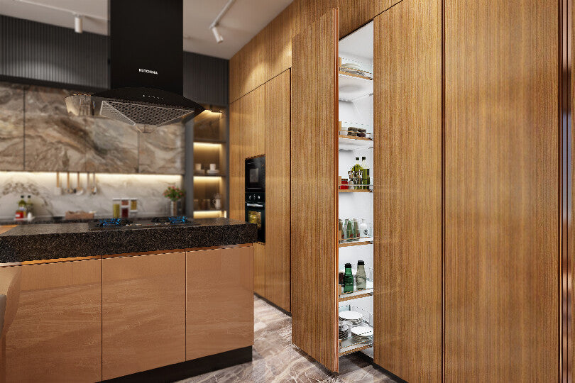 Kutchina Island kitchen with walnut and marble finish cabinets