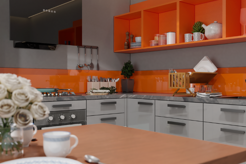 Kutchina L-shaped kitchen with fluroescent orange and dove grey finish