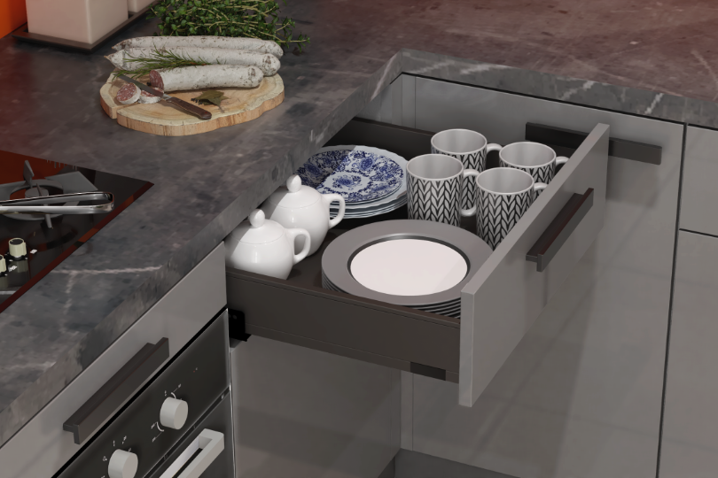 Kutchina L-shaped kitchen with fluroescent orange and dove grey finish