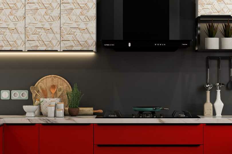 Kutchina U-shaped kitchen with crimson red and white textured wall units