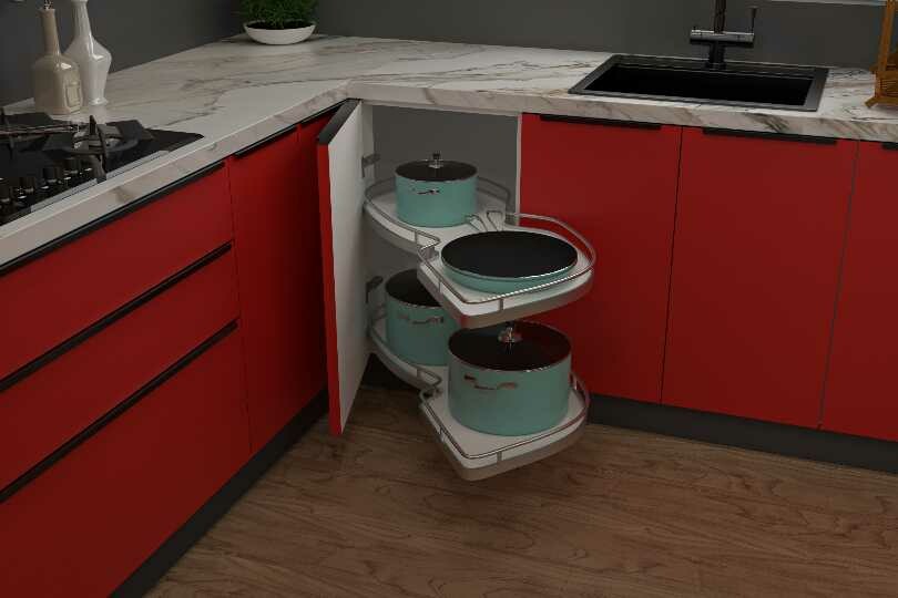 Kutchina U-shaped kitchen with crimson red and white textured wall units