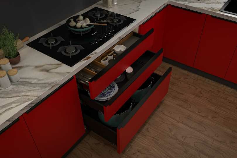 Kutchina U-shaped kitchen with crimson red and white textured wall units