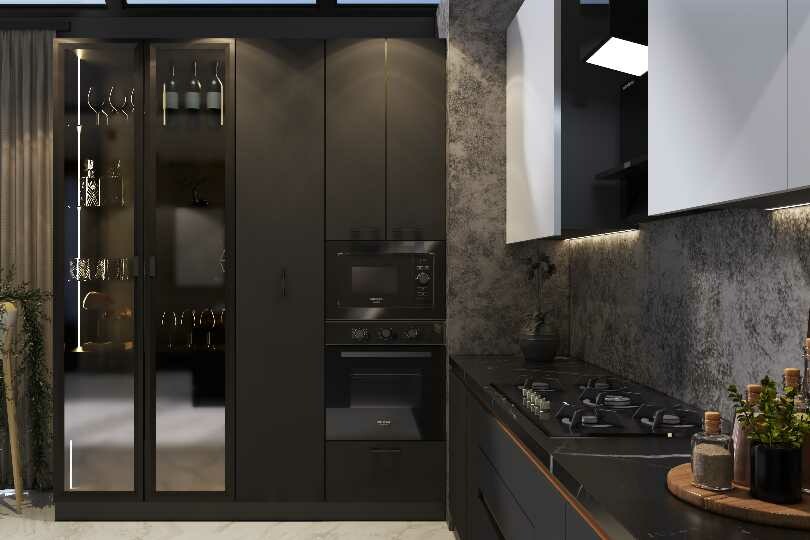 Kutchina L-shaped kitchen with dark grey and marble countertop