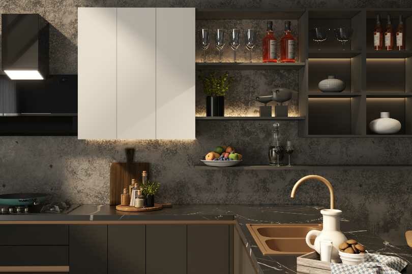 Kutchina L-shaped kitchen with dark grey and marble countertop