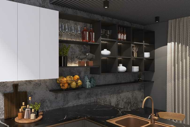 Kutchina L-shaped kitchen with dark grey and marble countertop