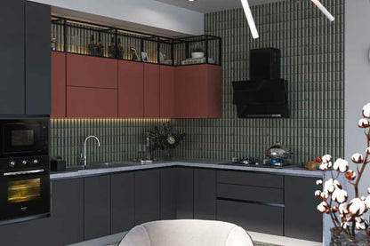 Kutchina L-shaped kitchen with light coral and fluted glass tall units