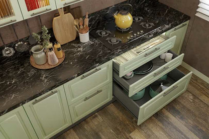 Kutchina L-shaped kitchen with cool mint and fluted glass shutters