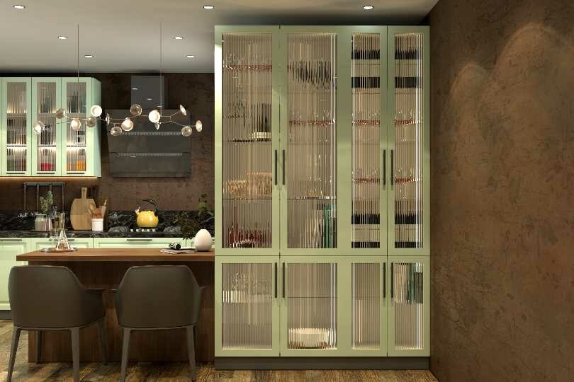 Kutchina L-shaped kitchen with cool mint and fluted glass shutters