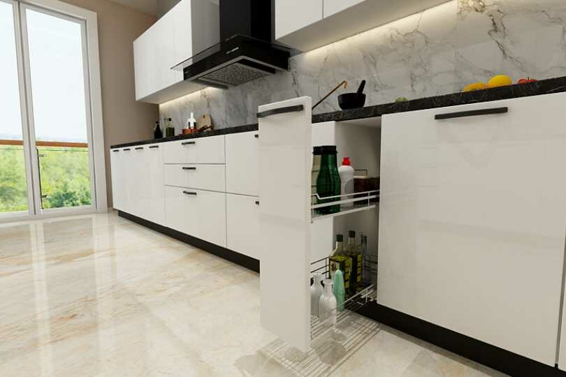 Kutchina Parallel kitchen with dove grey units and black marble countertop