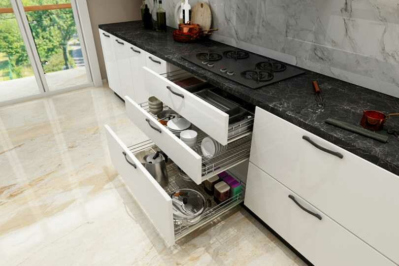 Kutchina Parallel kitchen with dove grey units and black marble countertop