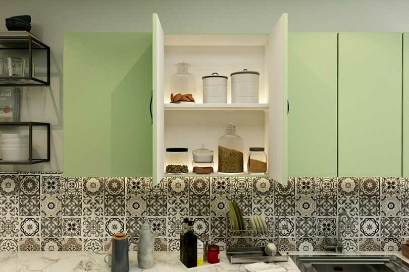 Kutchina Parallel kitchen with Oakwood and fern olive handle less units