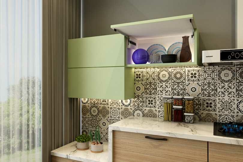 Kutchina Parallel kitchen with Oakwood and fern olive handle less units