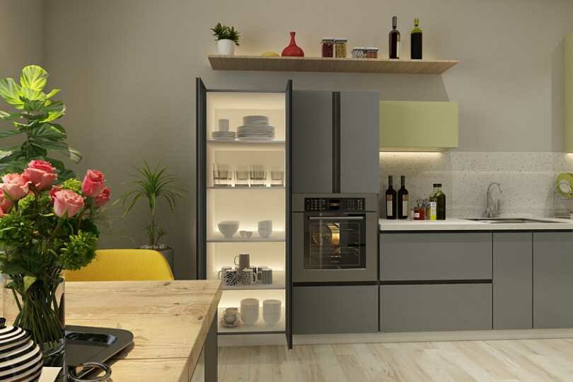 Kutchina Parallel kitchen with fog grey and olive colour units