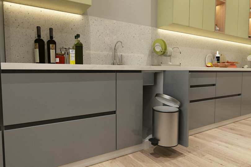 Kutchina Parallel kitchen with fog grey and olive colour units