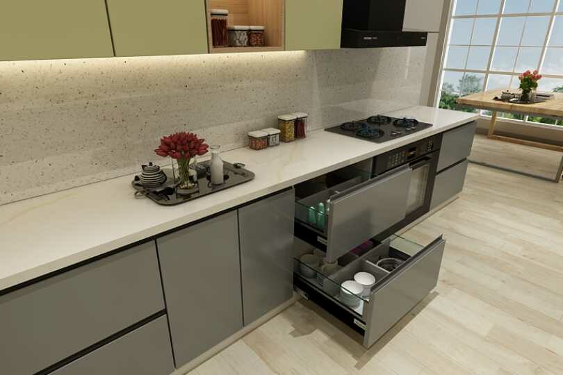 Kutchina Parallel kitchen with fog grey and olive colour units