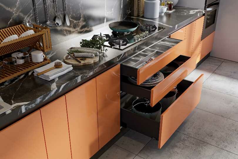 Kutchina Straight kitchen with orange and white glossy finish