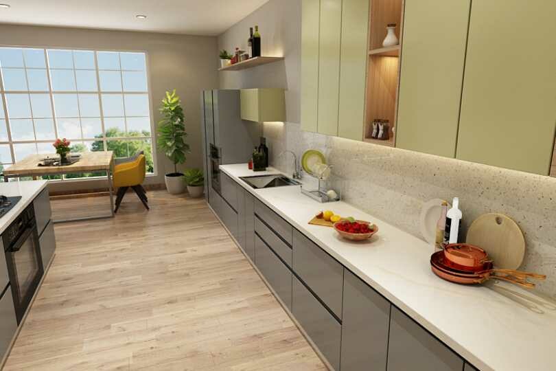 Kutchina Parallel kitchen with fog grey and olive colour units