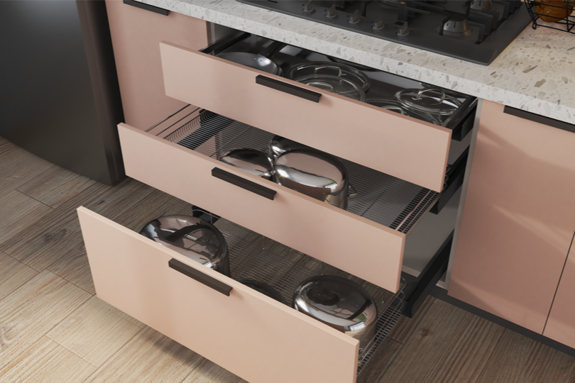 Kutchina Modular Kitchen Straight kitchen with pastel green and beige ...