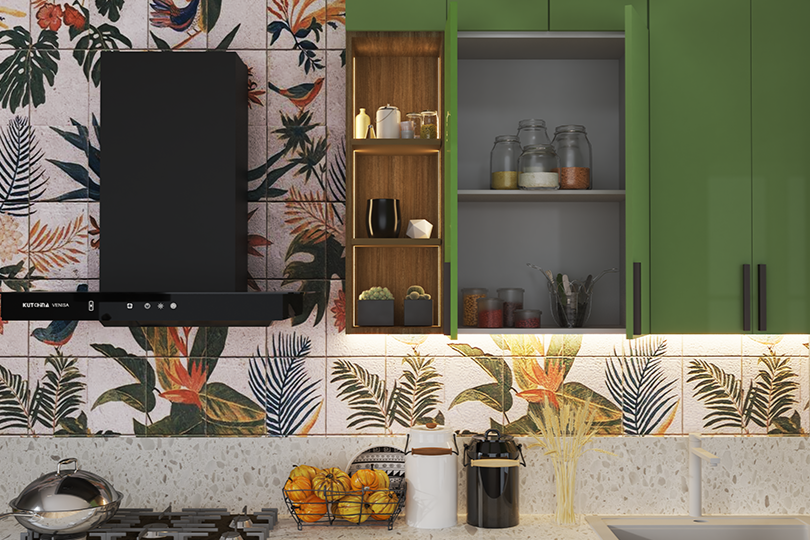 Kutchina Straight kitchen with pastel green and beige shades and tropical dado tiles