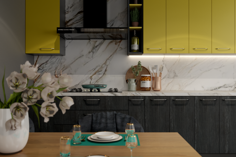 Kutchina Straight kitchen with yellow pop and charcoal grey textured cabinets