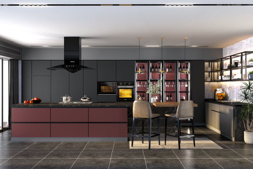 Kutchina U-shaped kitchen with matty grey and dark cherry finish