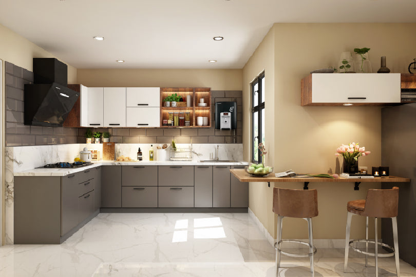 Kutchina L-shaped kitchen with pure white and slate grey finish