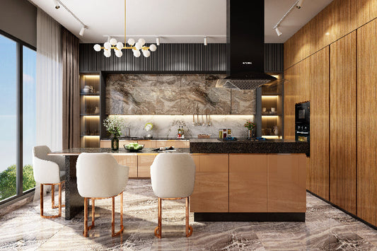 Kutchina Island kitchen with walnut and marble finish cabinets