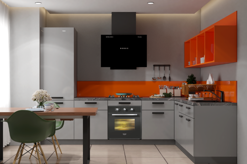 Kutchina L-shaped kitchen with fluroescent orange and dove grey finish