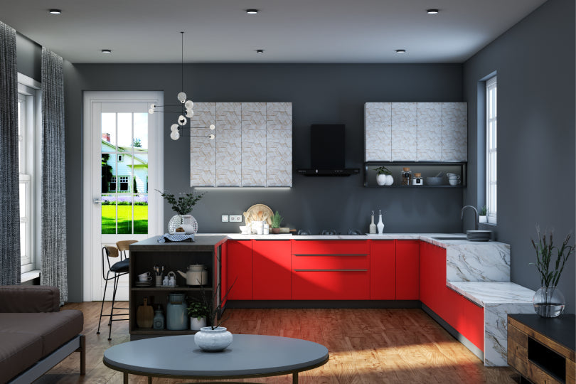 Kutchina U-shaped kitchen with crimson red and white textured wall units