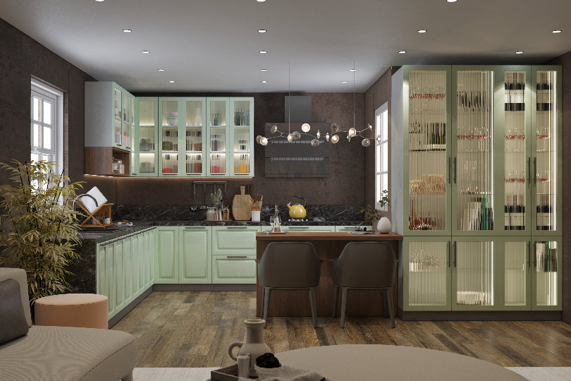 Kutchina L-shaped kitchen with cool mint and fluted glass shutters