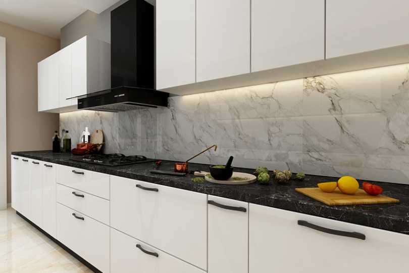 Kutchina Parallel kitchen with dove grey units and black marble countertop