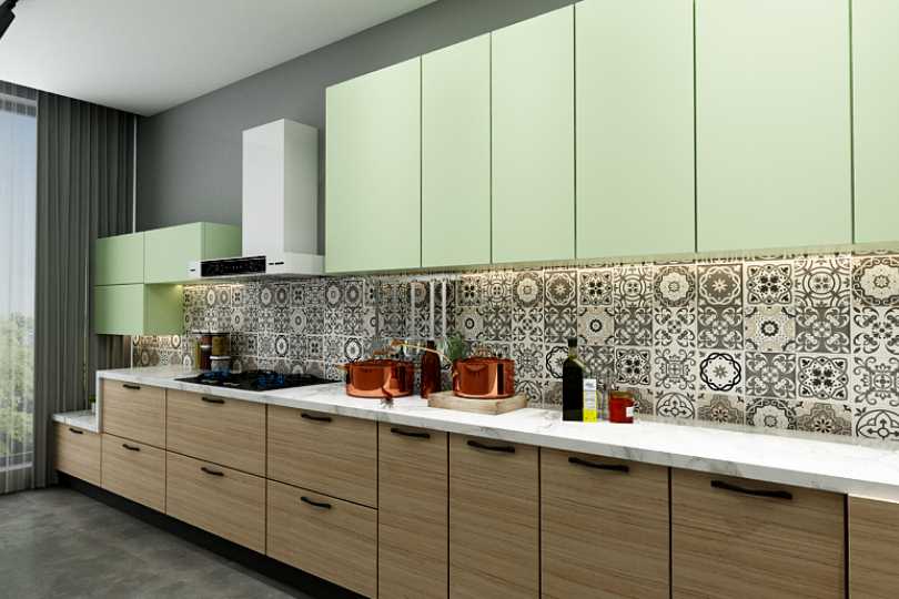 Kutchina Parallel kitchen with Oakwood and fern olive handle less units