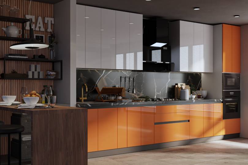 Kutchina Straight kitchen with orange and white glossy finish