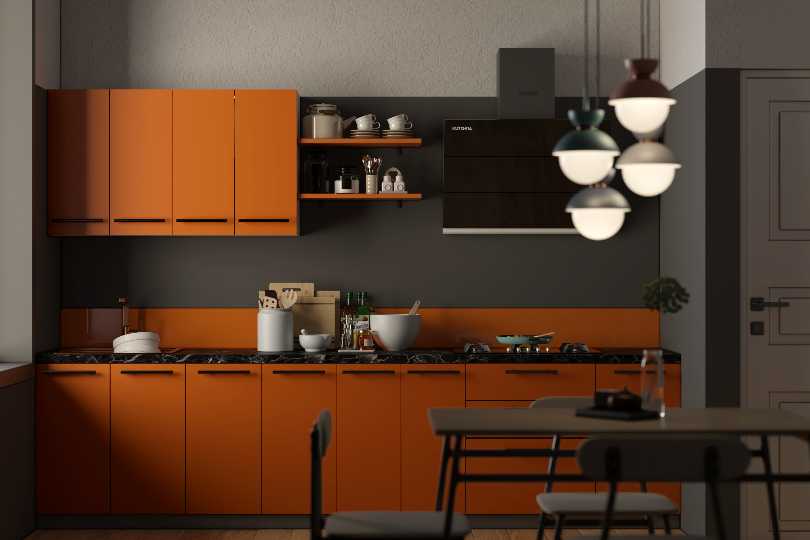 Kutchina Compact straight kitchen with rusty orange finish