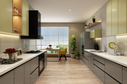 Kutchina Parallel kitchen with fog grey and olive colour units