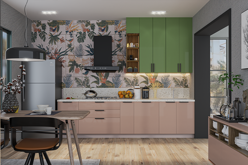 Kutchina Straight kitchen with pastel green and beige shades and tropical dado tiles