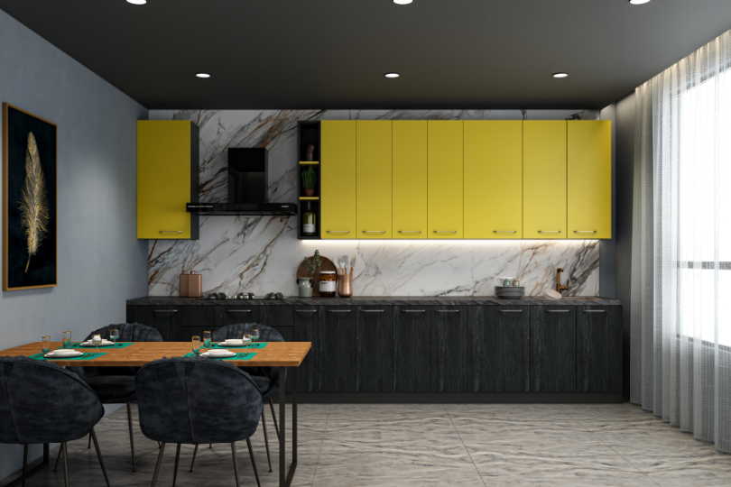 Kutchina Straight kitchen with yellow pop and charcoal grey textured cabinets